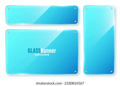 Colección de cuadros de vidrio aislados y realistas. Banderas de vidrio azul transparente con bengalas y resaltados. Placa acrílica brillante, elemento con reflexión luminosa y lugar para texto. Ilustración del vector