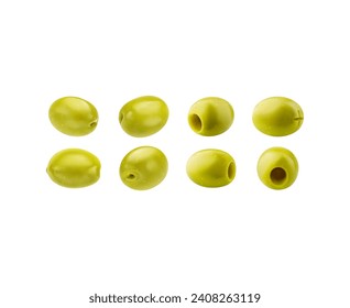 Realistic isolated green olives 3d vector set. Small, raw, oval-shaped fruits with seeds and seedless, with a smooth skin, slightly bitter flavor, used in salads, pasta dishes, Mediterranean cuisine