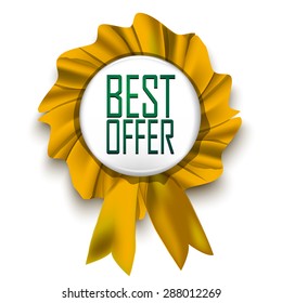Realistic isolated icon award with text best offer orange and yellow tape. Vector illustration