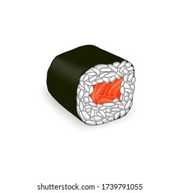realistic isolated japanese sushi roll of wrapped seaweed stuffed with rice and red caviar on a white background in perspective view