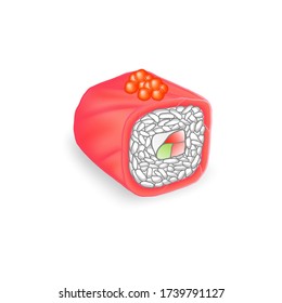 realistic isolated japanese wrapped salmon wrapped sushi with rice vegetable filling and red caviar on a white background in perspective view