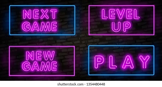 Realistic isolated neon sign of New Game, Level Up and Game Over, Battle logo for template decoration and covering on the wall background. Concept of gaming.