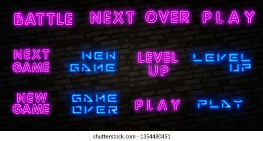 Realistic isolated neon sign of New Game, Level Up and Game Over, Battle logo for template decoration and covering on the wall background. Concept of gaming.