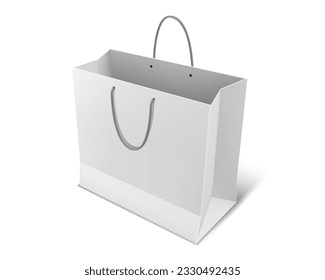 Bolso de papel aislado realista para la plantilla de la tienda. Vector blanco paquete de compras para merchandising , diseño de paquetes minoristas, contenedor de supermercados. Contenedor de cartón en blanco para la compra. Bolsa o saco de regalo