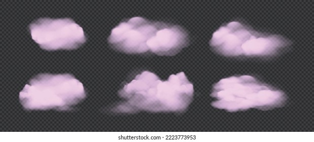 Realistic isolated pink fluffy clouds set on transparent background. Vector set of realistic isolated fluffy cloud. Vector.