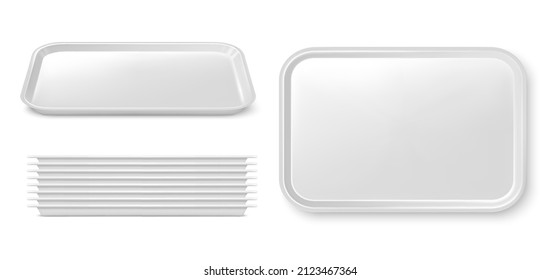 Realistic Isolated Plastic Food Trays, Serving Platters Or Plates 3d Vector. Empty White Plastic Tray Mockup And Stack. Fast Food Restaurant, Cafeteria, Cafe Or Catering Service Dishware