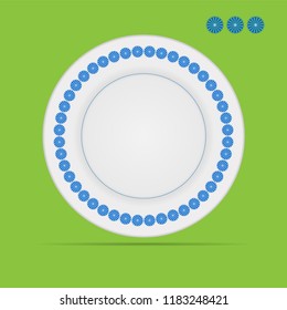 Realistic isolated porcelain plates with blue flowers on yellow background. Kitchen and restaurant tools.