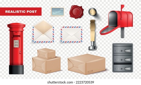 Realistic isolated post transparent icon set with post red box envelops wax stamp and stack of packages vector illustration