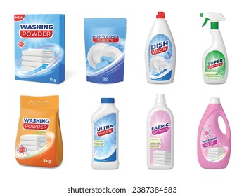 Realistic isolated product package. White detergents packs, plastic bottles and boxes. Spray bottle, washing powder bag pithy vector ads elements