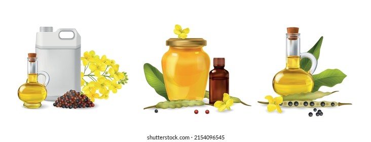 Realistic isolated rape canola icon set jars cans flowers and seeds nearby vector illustration
