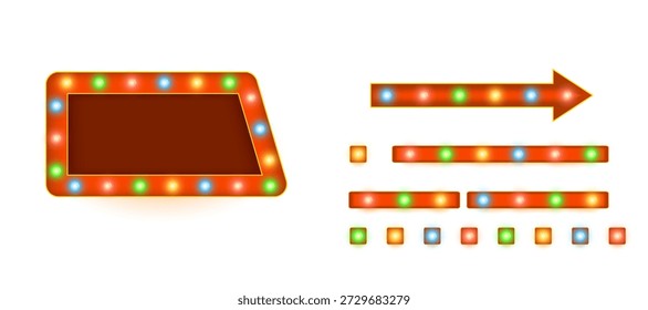 Realistic isolated retro rectangle neon marquee billboard with glowing lamps and vintage cinema styling available as PNG perfect for theater signage, event advertising, promotional posters and Broadwa