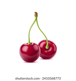 Realistic isolated ripe raw cherry berry. 3d vector vivid cherries pair glisten, showcasing their deep red hue. Each plump sphere, attached to stem promises burst of sweet flavor and natural freshness