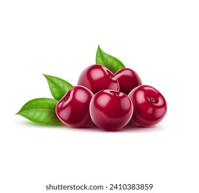 Realistic isolated ripe raw cherry berry bunch and leaves. 3d vector bountiful mound of berries, glistening with vibrant hues, tempting taste buds with their succulent allure and natural sweetness