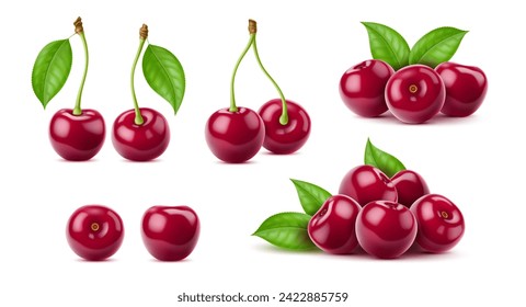 Realistic isolated ripe raw cherry berries, vector fresh fruit food. 3d sour or sweet red cherries bunches with green leaves and stems, garden juicy fruits for cocktail, pie, jam or dessert ingredient