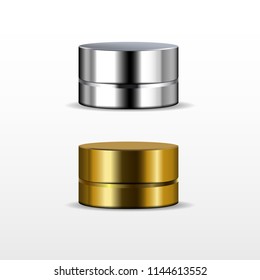 Realistic isolated round golden and metallic cream jars  for cosmetics packaging. Front view. Vector 3d illustration for design  placard, presentation, banners and cover.