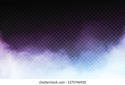 Realistic isolated smoke or fog effect. With light blue and purple neon backlight Suitable for different decoration. On a black transparent background. Vector Illustration EPS 10