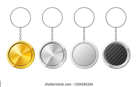 Realistic Isolated Steel Circle 3D Key Ring Template. Plastic Keychain With Carbon Silver Gold Metal Mockup Ring For Keys. White Holder Of Key Ring At Chain