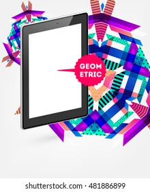 Realistic Isolated Tablet PC Icon with Geometric Background - Vector Illustration