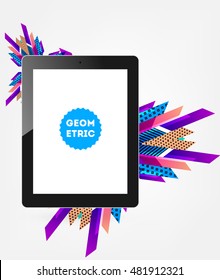 Realistic Isolated Tablet PC Icon with Geometric Background - Vector Illustration