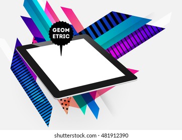 Realistic Isolated Tablet PC Icon with Geometric Background - Vector Illustration