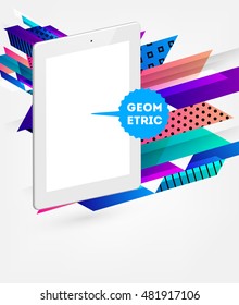 Realistic Isolated Tablet PC Icon with Geometric Background - Vector Illustration