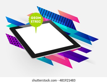 Realistic Isolated Tablet PC Icon with Geometric Background - Vector Illustration