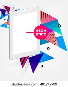 Realistic Isolated Tablet PC Icon with Geometric Background - Vector Illustration
