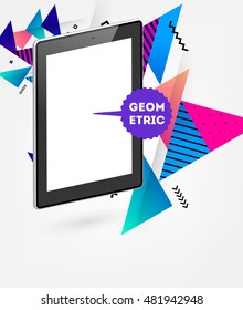 Realistic Isolated Tablet PC Icon with Geometric Background - Vector Illustration