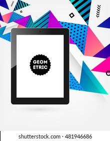 Realistic Isolated Tablet PC Icon with Geometric Background - Vector Illustration