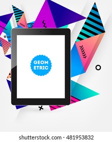 Realistic Isolated Tablet PC Icon with Geometric Background - Vector Illustration