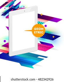 Realistic Isolated Tablet PC Icon with Geometric Background - Vector Illustration