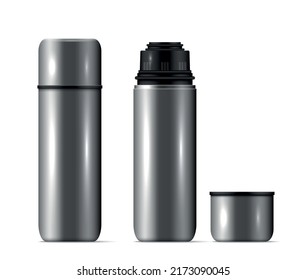 Realistic isolated thermos flask cup composition silver metal closed and open lid vector illustration