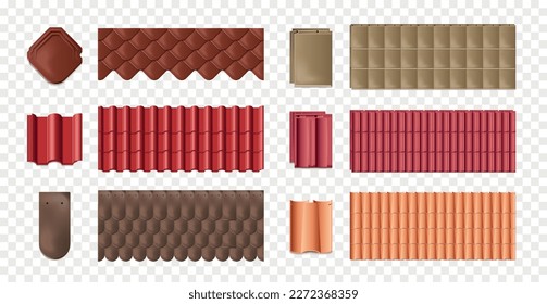 Realistic isolated tile roof icon set different roof decking for different tastes and needs vector illustration