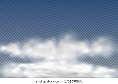 Nubes reales aisladas y transparentes, niebla o humo en un fondo azul.Elemento gráfico vector. Forma de diseño de vectores para logotipo, web e impresión.