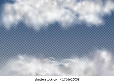 Nubes reales aisladas y transparentes, niebla o humo en un fondo azul.Elemento gráfico vector. Forma de diseño de vectores para logotipo, web e impresión.