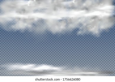  Realistic  isolated and  transparent  clouds,fog or smoke  on a blue background.Graphic element vector. Vector design shape for logo, web and print.