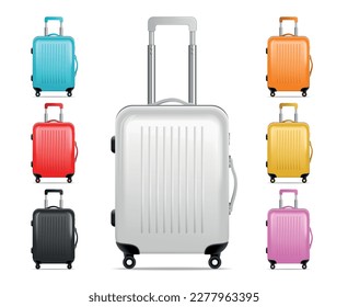 Realistic isolated travel baggage icon set one big and six mini plastic suitcases vector illustration