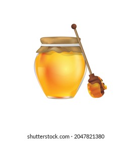 Realistic isolated vector honey jar and stick with liquid honey flowing 