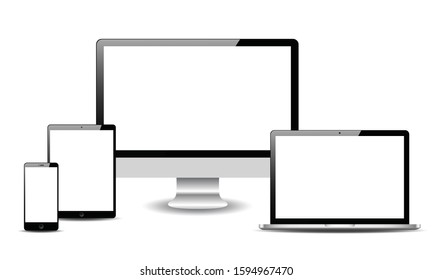 Realistic Isolated vector illustration of the Mobile phone, the Tablet, the Desktop monitor and the Laptop. 