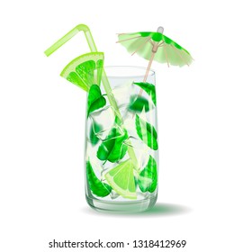 Realistic isolated vector mojito glass illustration for menu, banner, poster and flyer. Cold summer refreshment with ice cubes, mint leaves, lime, tubule and cocktail umbrella