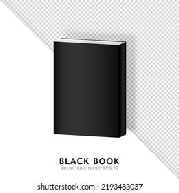 Realistic isometric black hardcover book isolated on white and transparent background. 3D Mockup of blank, empty textbook, diary, brochure, magazine,  etc. Layout design for branding, labeling