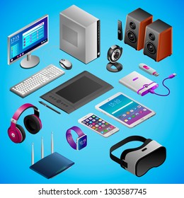 Realistic isometric digital devices and gadgets. Various electronic gadgets in isometry: desktop computer, tablet, artistic tablet, smartphone, smartwatch, webcam, router, virtual reality glasses
