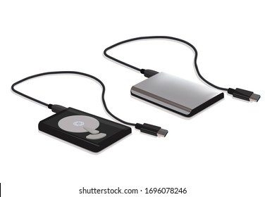 Unidad de disco duro externa isométrica realista con cable USB y conector aislados en fondo blanco. Disco duro externo portátil. Ilustración vectorial de unidad de memoria