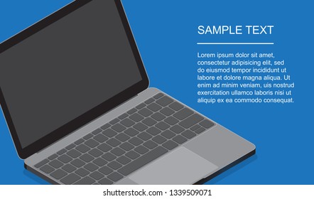 Realistic isometric modern laptop computer isolated on blue background with sample text. PC blank screen display. monitor with empty screen. copy space on device mock up.
