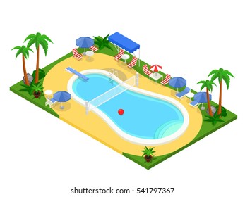 Realistic isometric outdoor swimming pool. Creative 3D vector illustration, summer vacation concept. Basin design used for infographics, map creation or banner, poster, card.