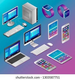 Realistic isometric personal computers, digital devices and gadgets. Various electronic gadgets in isometry: desktop computer, laptop, monoblock, tablet, smartphone, smartwatch, mouse, keyboard