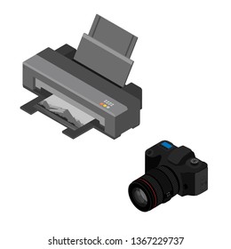 Realistic isometric printer and digital photo camera. Print high quality photo paper