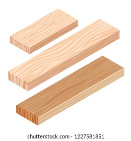 Realistic isometric rasped wooden timber plank for building construction or floring. Wooden board on a white background. Vector illustration