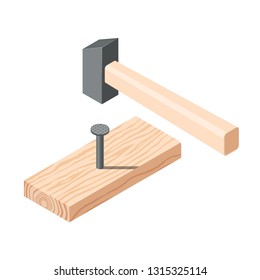 Realistic isometric rasped wooden timber plank for building construction or floring with hammer and nails. Wooden board on a white background. Vector illustration