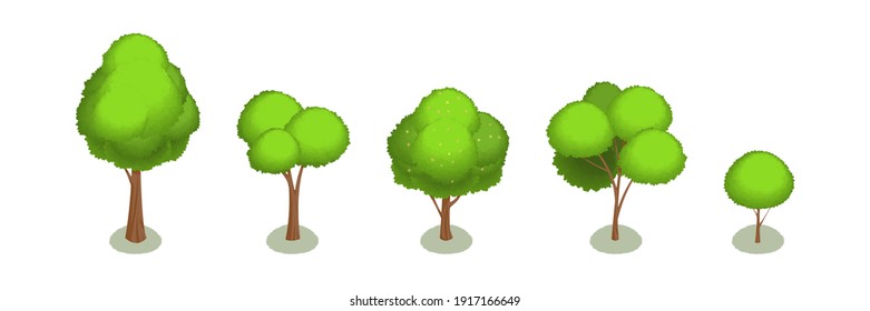 Realistic isometric set of green trees isolated on white background. 3D trees icons. Set vector isometric trees forest nature elements for maps and games.